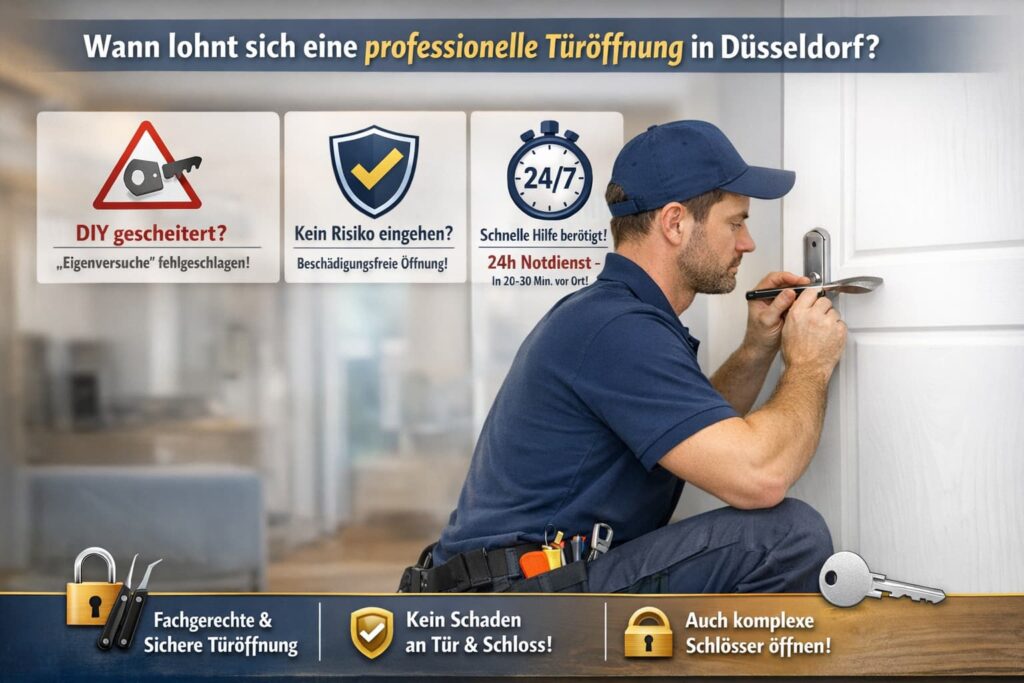 Professioneller Schlüsseldienst öffnet eine Haustür schnell und beschädigungsfrei mit Spezialwerkzeug