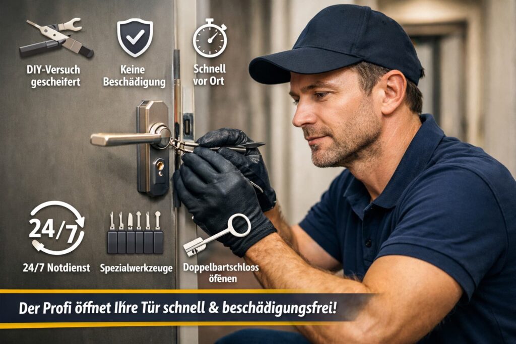 A locksmith opening a door carefully using professional tools with repair icons and service highlights