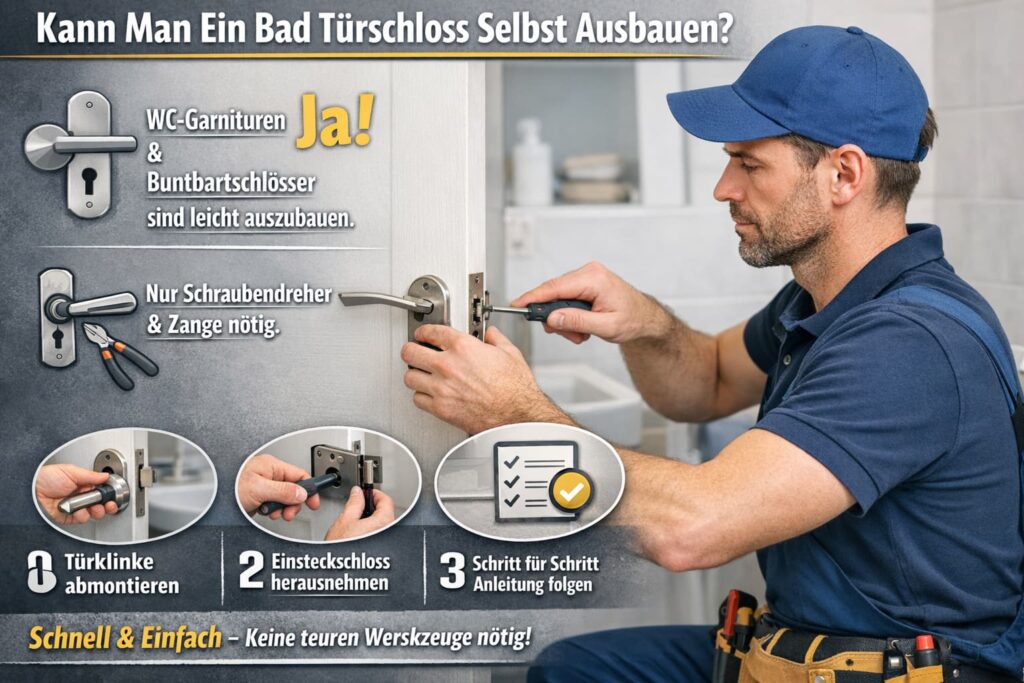 Fachmann repariert ein Badezimmertürschloss mit Schraubendreher und Werkzeug in realistischer Umgebung