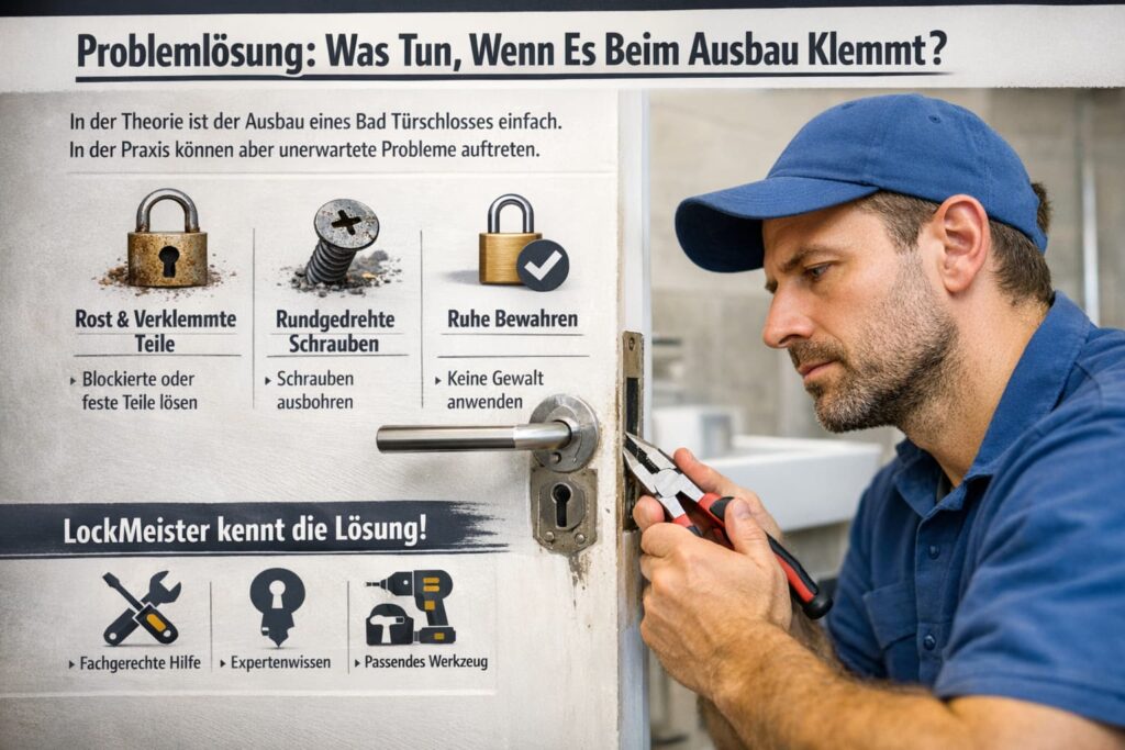 Schlüsseldienst-Techniker löst ein feststeckendes Türschloss mit Werkzeug und Reparatur-Icons in realistischer Szene