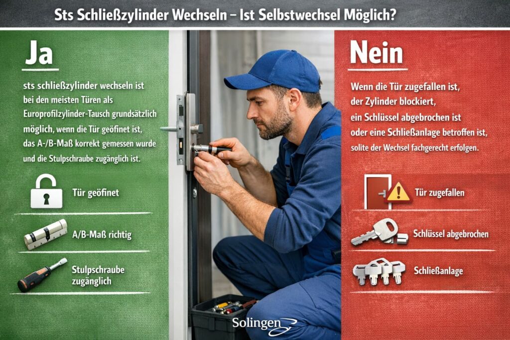 Sts Schließzylinder wechseln – Schlüsseldienst-Techniker tauscht Türschloss mit Ja/Nein Anleitung und Symbolen