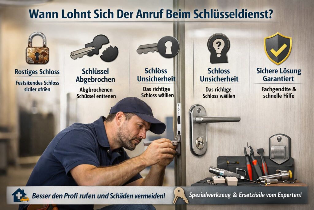 Schlüsseldienst-Techniker repariert Türschloss mit Werkzeug – Hilfe bei defektem oder abgebrochenem Schlüssel