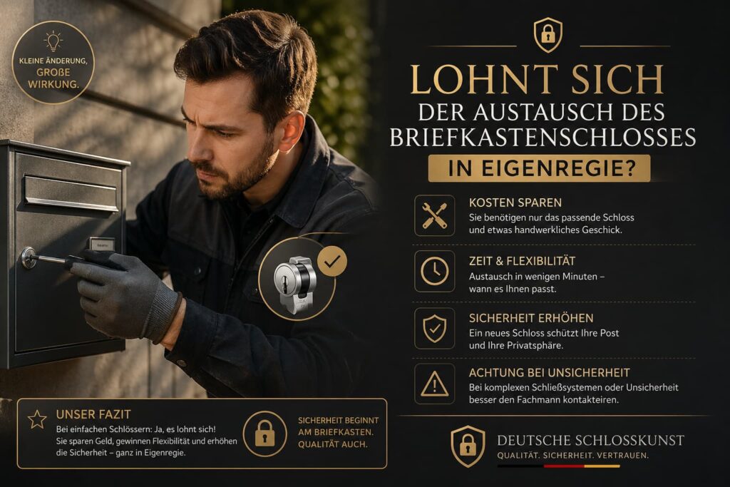 Ein Techniker repariert sorgfältig ein Briefkastenschloss, begleitet von stilvollen Hinweisen zu Kosten, Sicherheit und Flexibilität.