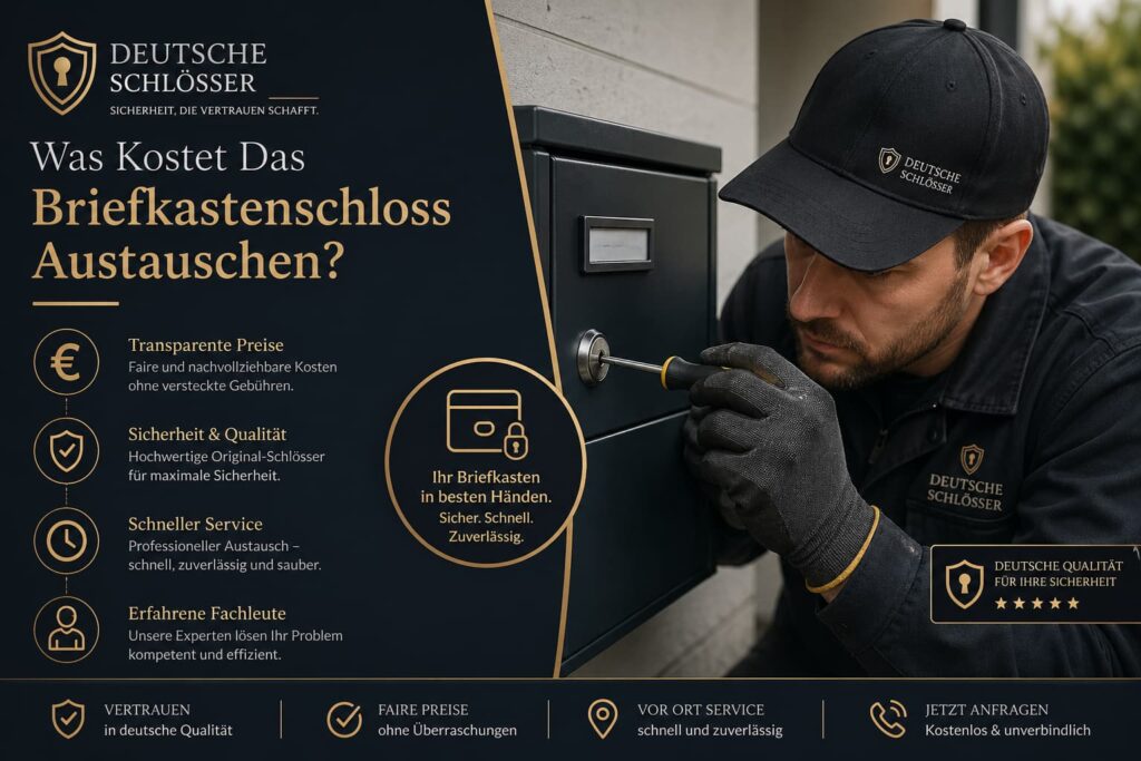 Moderner Schlüsseldienst-Techniker beim präzisen Austausch eines Briefkastenschlosses mit Fokus auf Sicherheit und Qualität.