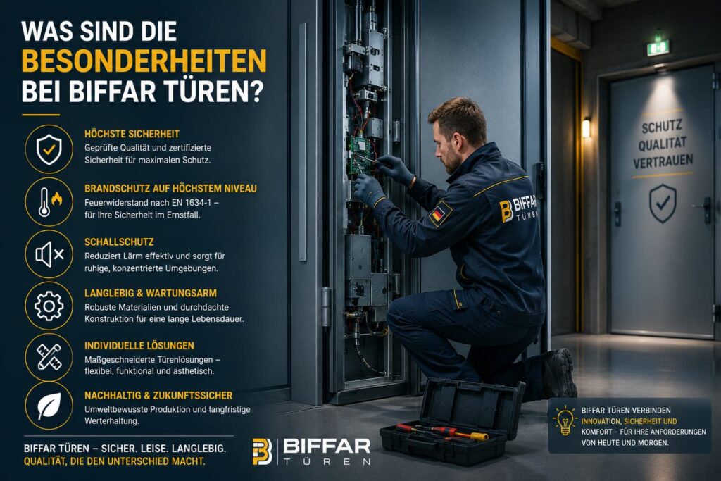 Techniker prüft moderne Sicherheitstür mit innovativer Technik und Schutzsystemen.