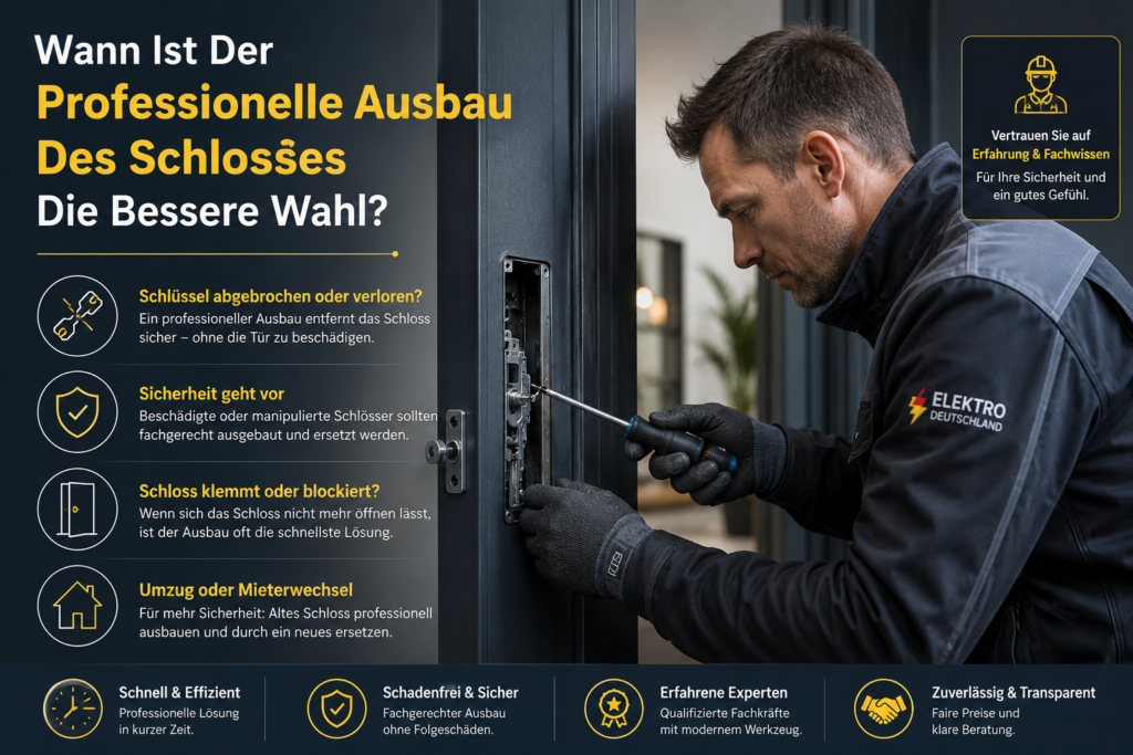 Fachkraft beim sicheren Austausch eines Türschlosses in modernem Gebäude