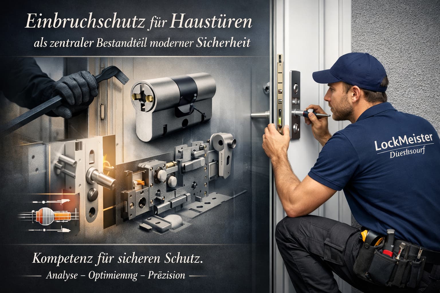 Schlüsseldienst-Techniker montiert Sicherheitszylinder an moderner Haustür.