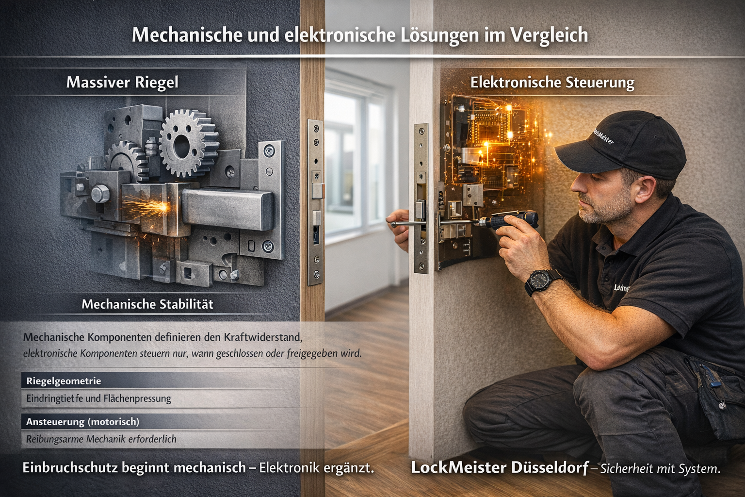 Techniker bei Türschloss – mechanische und elektronische Lösung im Vergleich.