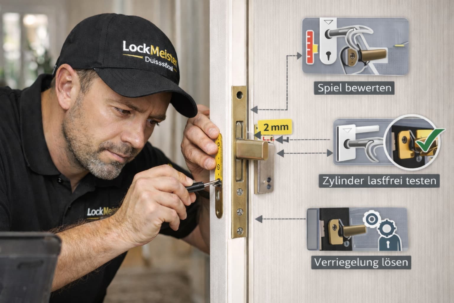 Schlüsseldienst in Leverkusen prüft Türmechanik und öffnet blockierte Tür fachgerecht und beschädigungsarm