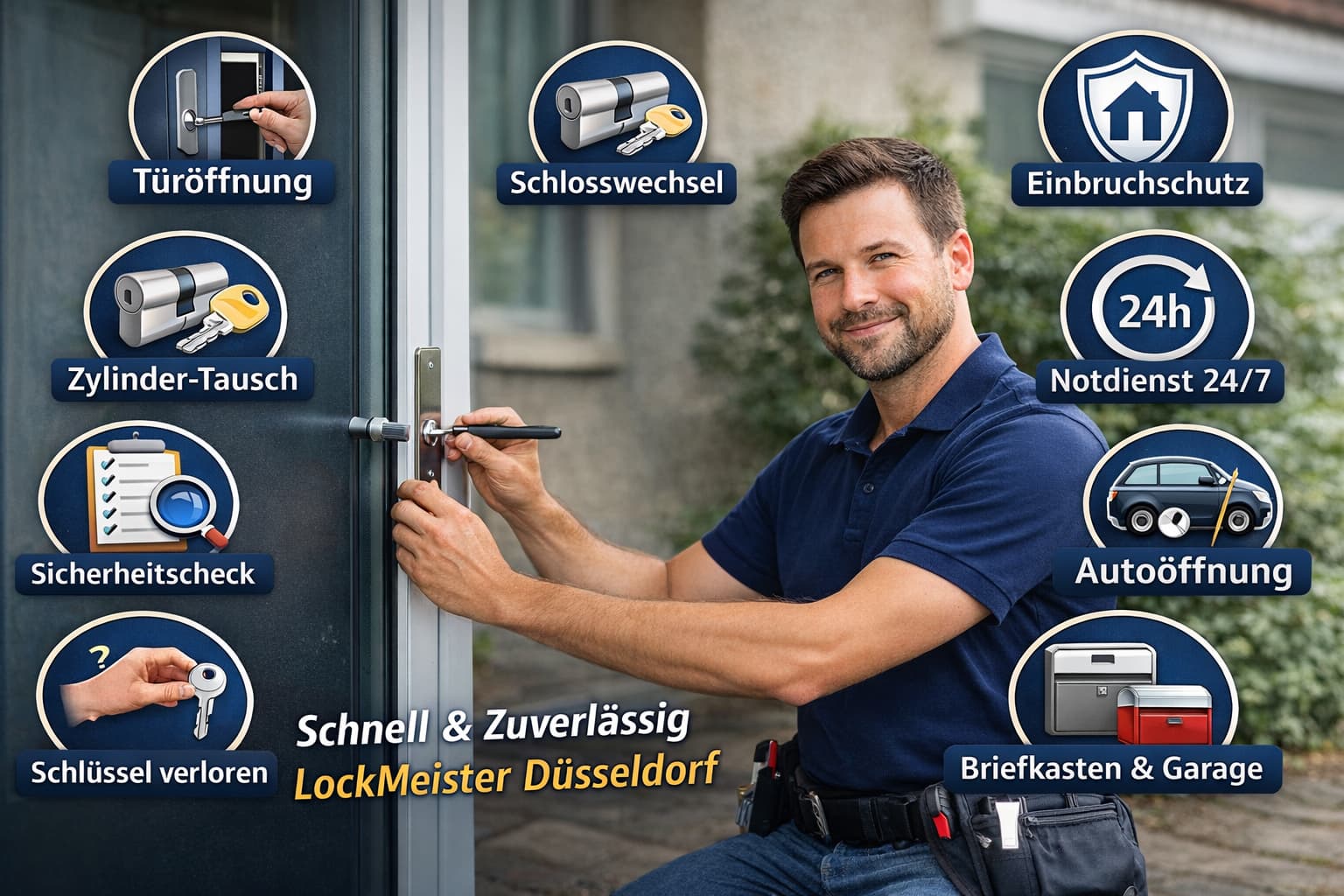 Professioneller Schlüsseldienst Leverkusen bei beschädigungsfreier Türöffnung mit Service-Icons für Notdienst, Schlosswechsel und Einbruchschutz