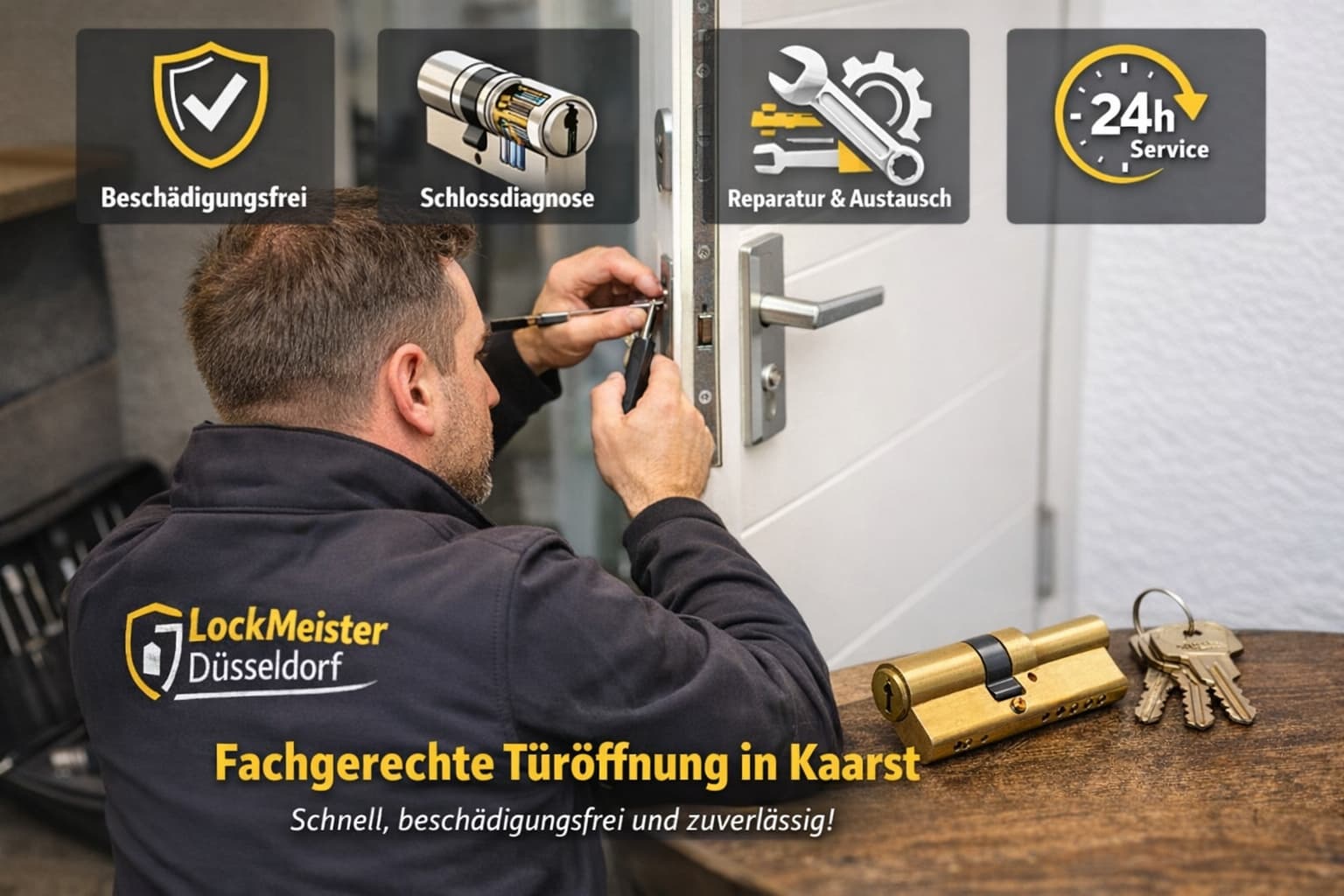 LockMeister Düsseldorf bei beschädigungsfreier Türöffnung in Kaarst mit 24h-Service Icons