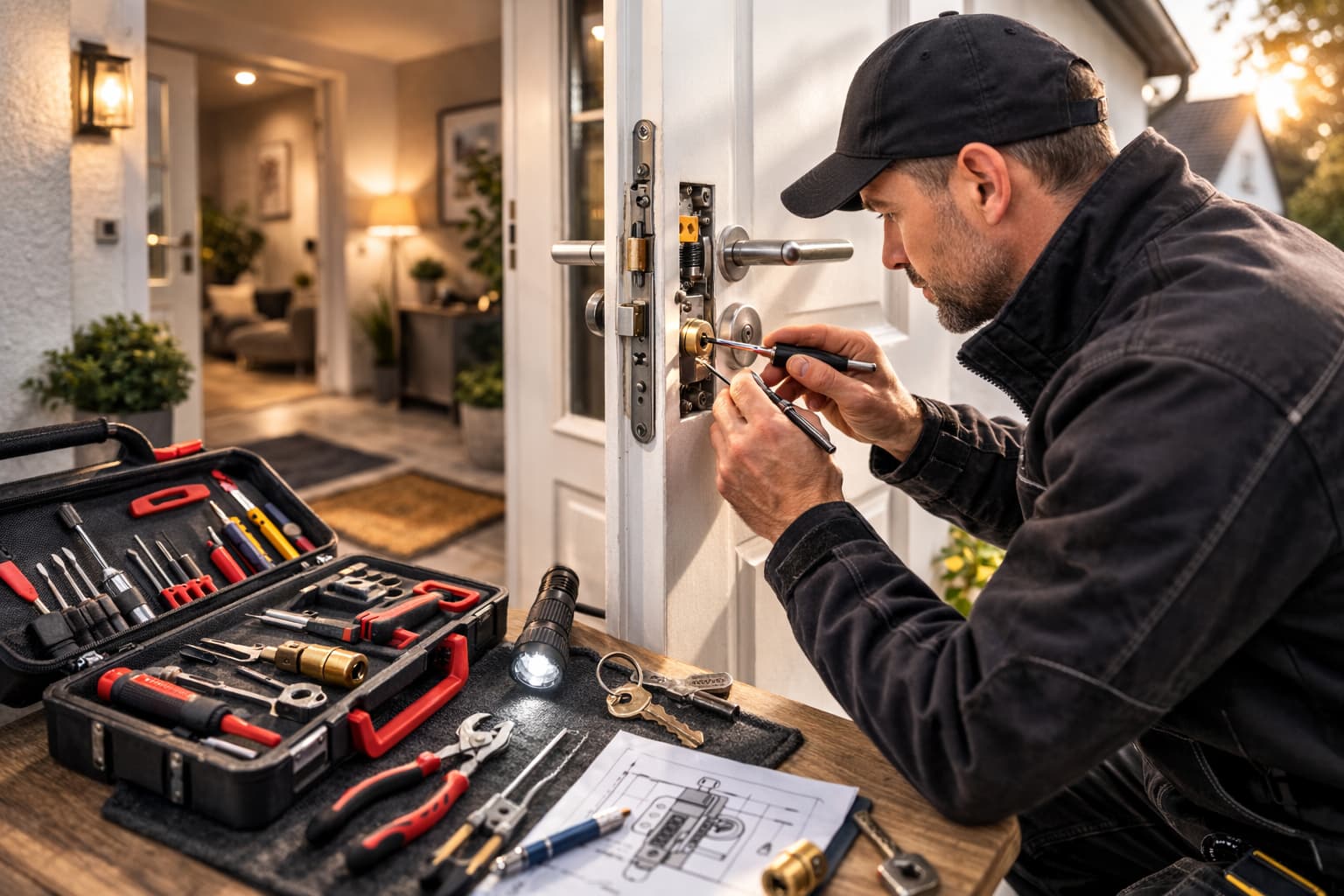 Professionelles Bild eines Technikers von **LockMeister Düsseldorf** bei der präzisen Türöffnung an einem modernen Hauseingang mit Spezialwerkzeug.