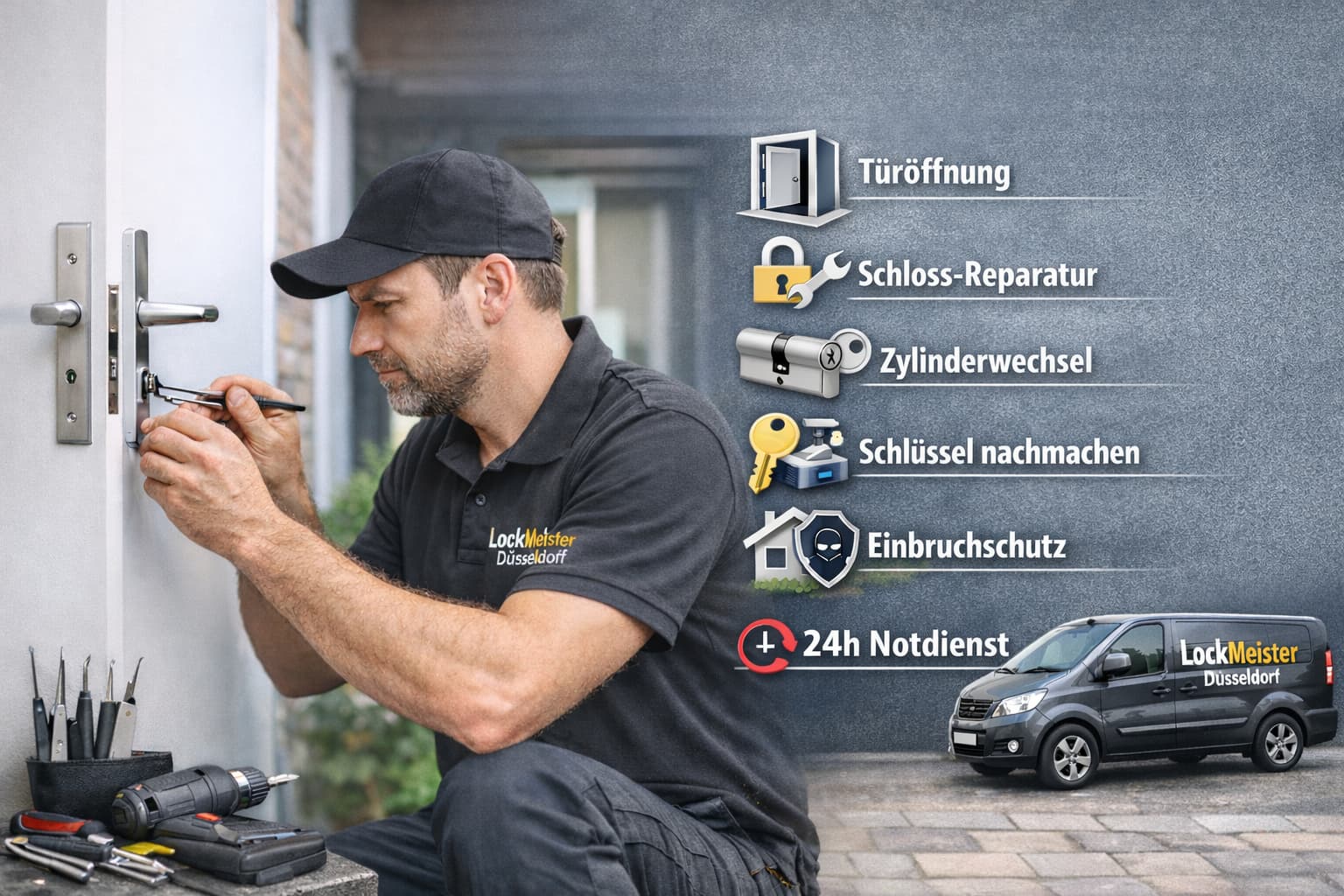 Professioneller Schlüsseldienst in Heiligenhaus bei Türöffnung mit Service-Icons für Reparatur, Zylinderwechsel und Einbruchschutz.