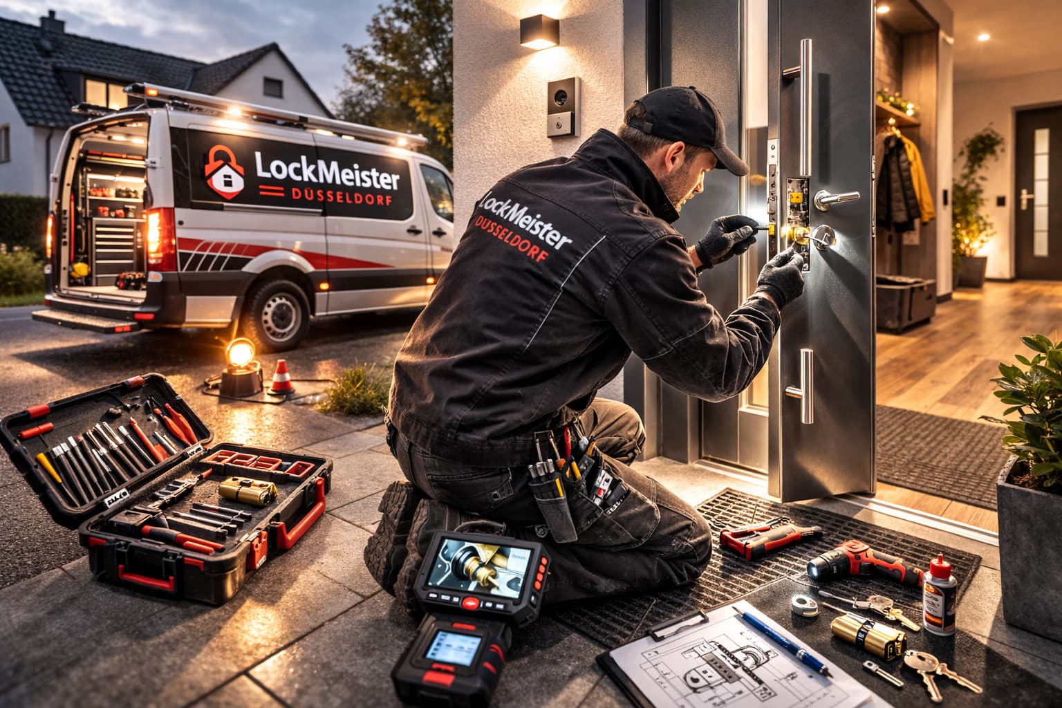 Techniker von LockMeister Düsseldorf bei einer Türöffnung in Heiligenhaus vor einem Wohnhaus mit Einsatzfahrzeug im Hintergrund.