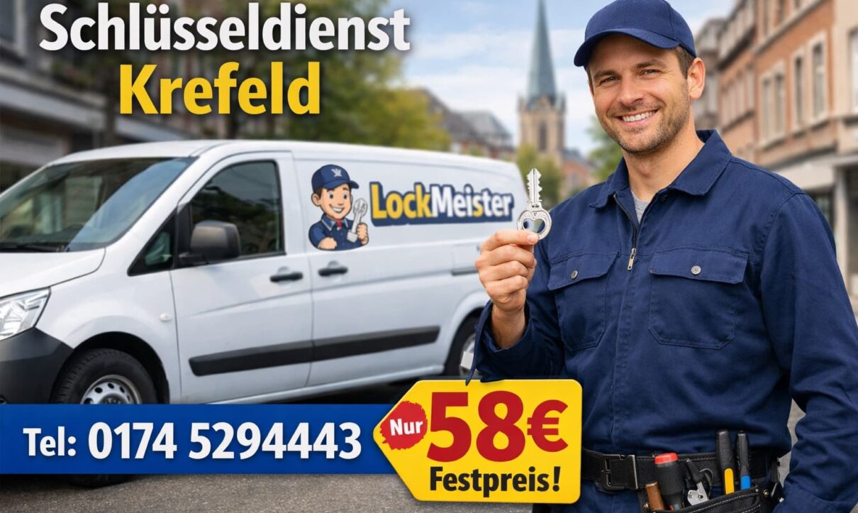 Schlüsseldienst Krefeld Techniker von LockMeister vor Servicefahrzeug mit Schlüssel, 58€ Festpreis