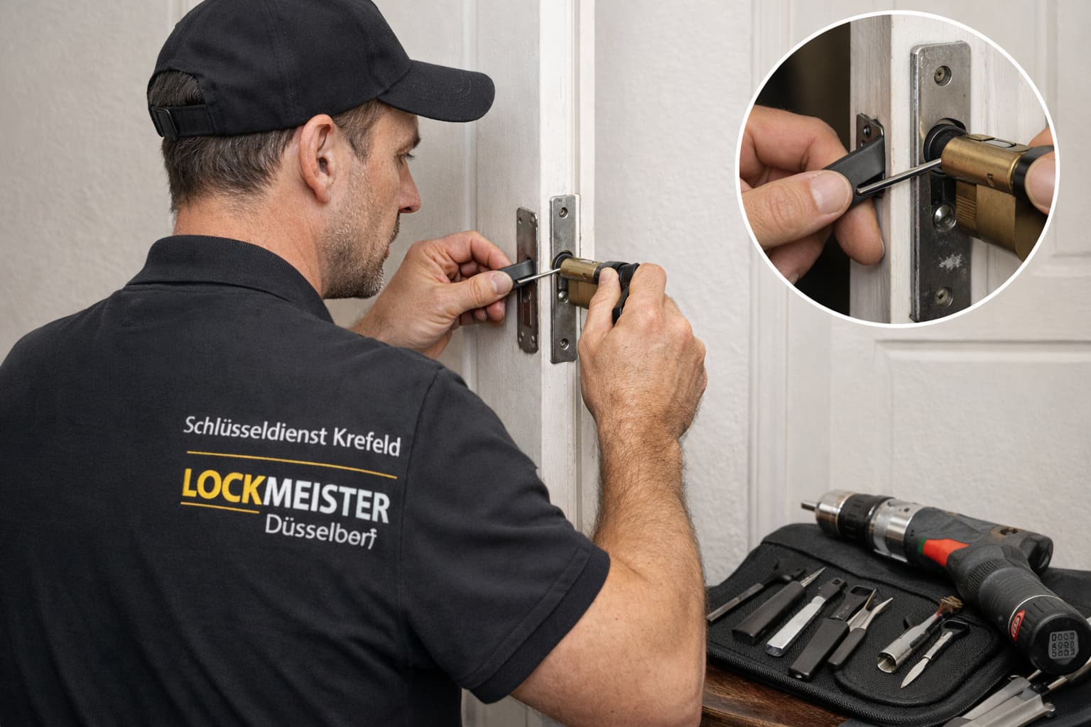 Schlüsseldienst Krefeld bei zerstörungsarmer Türöffnung durch erfahrenen Monteur