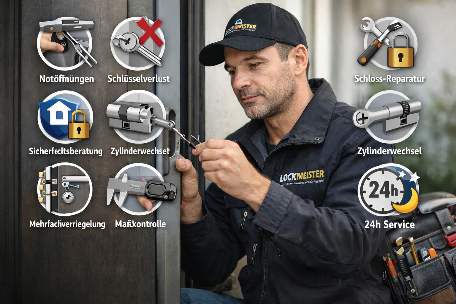 Fachkraft beim Öffnen eines Türschlosses mit Service-Icons für Notöffnung, Schlossreparatur und 24h-Dienst