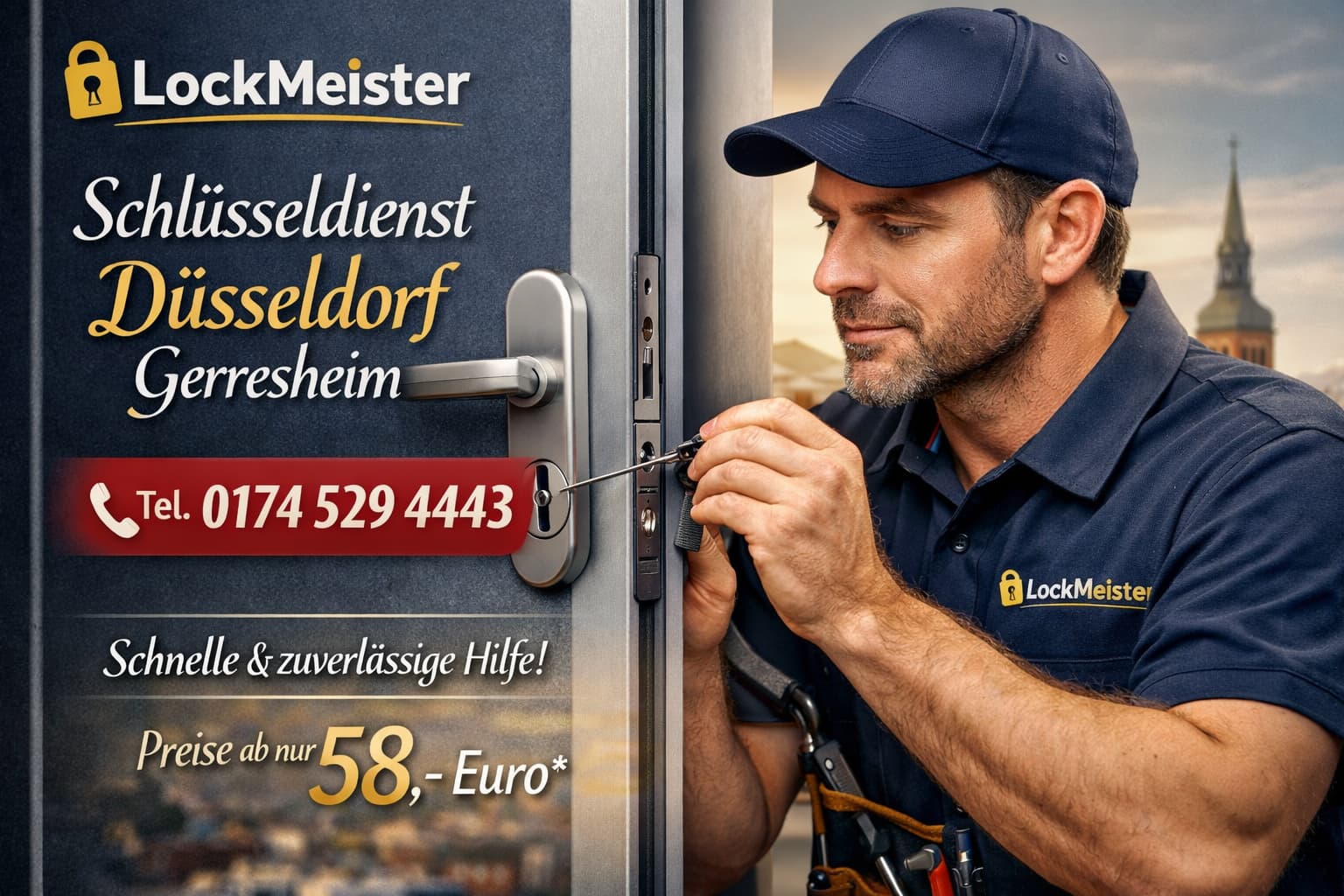 Schlüsseldienst Düsseldorf Gerresheim – LockMeister Techniker öffnet professionell eine Haustür