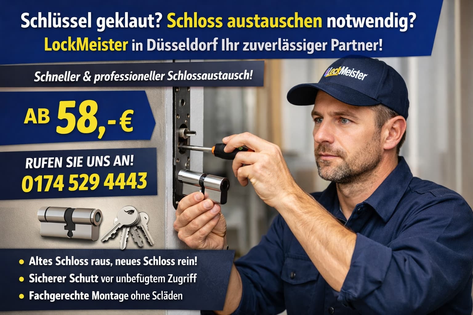 schlüssel notdienst klinker schloss austauschen
In der Praxis beginnt diese mechanische Maßnahme mit einer Funktionsprüfung von Falle, Riegelhub und Zylinderlauf, weil schwergängige Bauteile oft bereits vor dem Vorfall vorhanden waren. Wenn die Zugangskette nicht mehr nachvollziehbar ist, wird schlüssel geklaut schloss als Eingriff so geplant, dass Türblatt, Zarge und Schließblech nicht verspannt werden.
Dazu gehört die Kontrolle der Zylinderlänge, der Mitnehmerstellung und der Schutzbeschlag-Montage, um spätere Reibstellen zu vermeiden. Genau diese Art der mechanischen Bewertung gehört zur täglichen Praxis von LockMeister Düsseldorf.