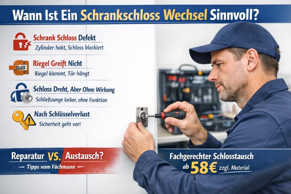 Techniker repariert Schrankschloss – wann ein Schlosswechsel sinnvoll ist, häufige Defekte und Lösungen erklärt