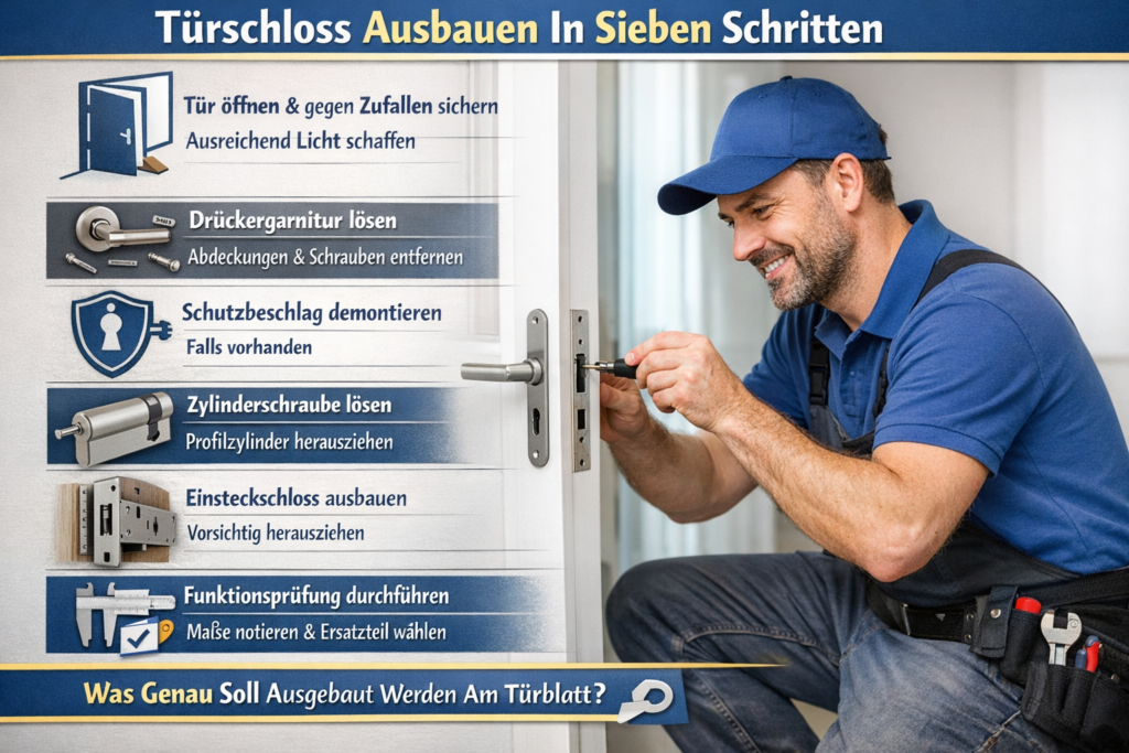 Türschloss ausbauen Anleitung: Schlüsseldienst-Techniker repariert Türschloss Schritt für Schritt mit Werkzeug und Symbolen