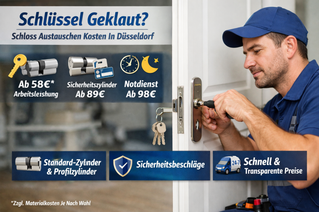 Schlüsseldienst Düsseldorf beim Schlosswechsel – Techniker tauscht Türzylinder mit transparenten Kostenangaben