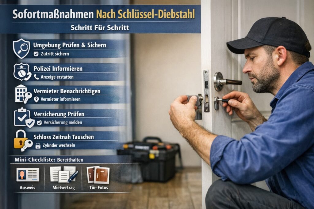 Schlüsseldienst Techniker wechselt Türschloss – Sofortmaßnahmen nach Schlüssel-Diebstahl Schritt für Schritt