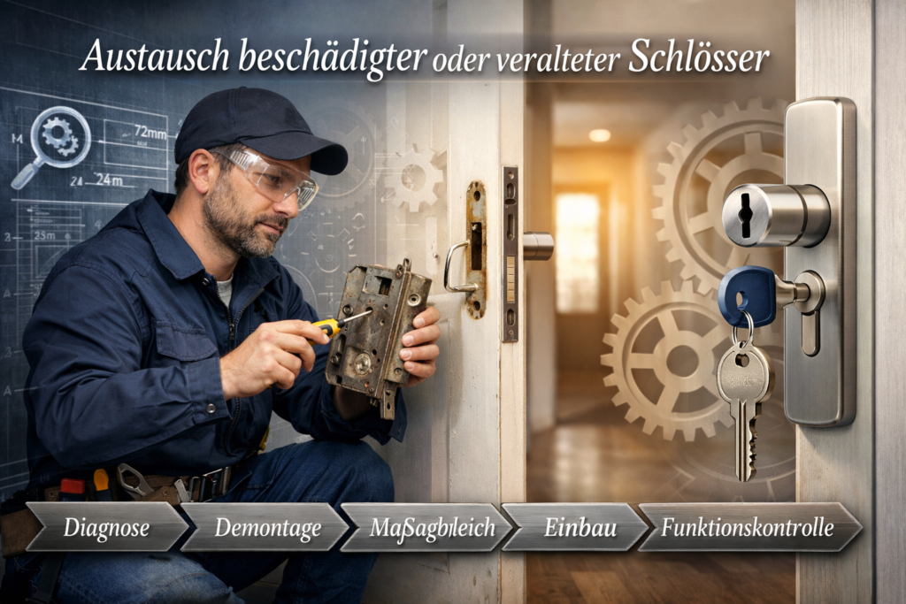 Fachmann beim Austausch eines beschädigten oder veralteten Türschlosses mit professioneller Diagnose und Montage.