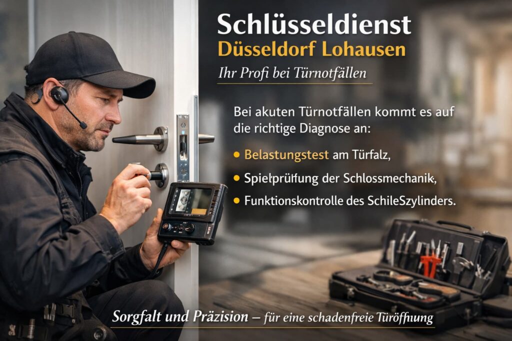 Schlüsseldienst-Techniker prüft und öffnet ein Türschloss bei einem Notfall in Düsseldorf Lohausen.