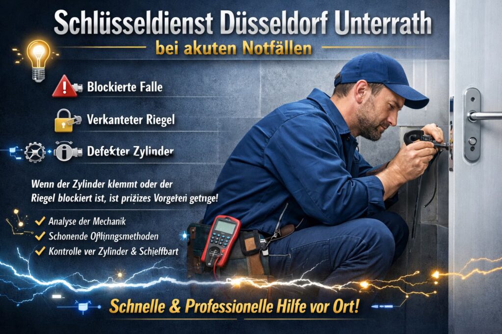 Schlüsseldienst Techniker öffnet eine blockierte Tür in Düsseldorf Unterrath