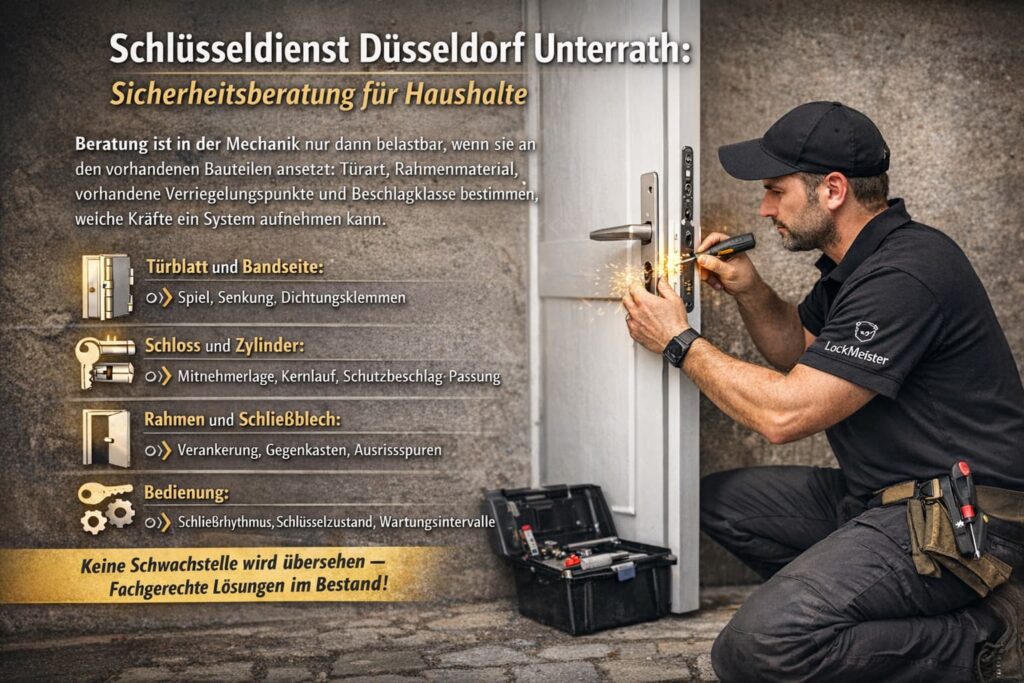 Schlüsseldienst-Techniker repariert Euro-Zylinderschloss an einer Haustür in Düsseldorf Unterrath.