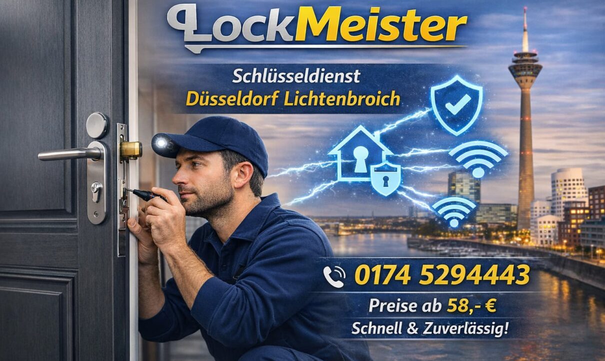 Professioneller Schlüsseldienst LockMeister öffnet eine Tür in Düsseldorf Lichtenbroich – 24h Notdienst, Preise ab 58 €.