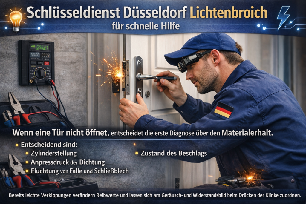 Schlüsseldienst Techniker repariert Türschloss in Düsseldorf Lichtenbroich.