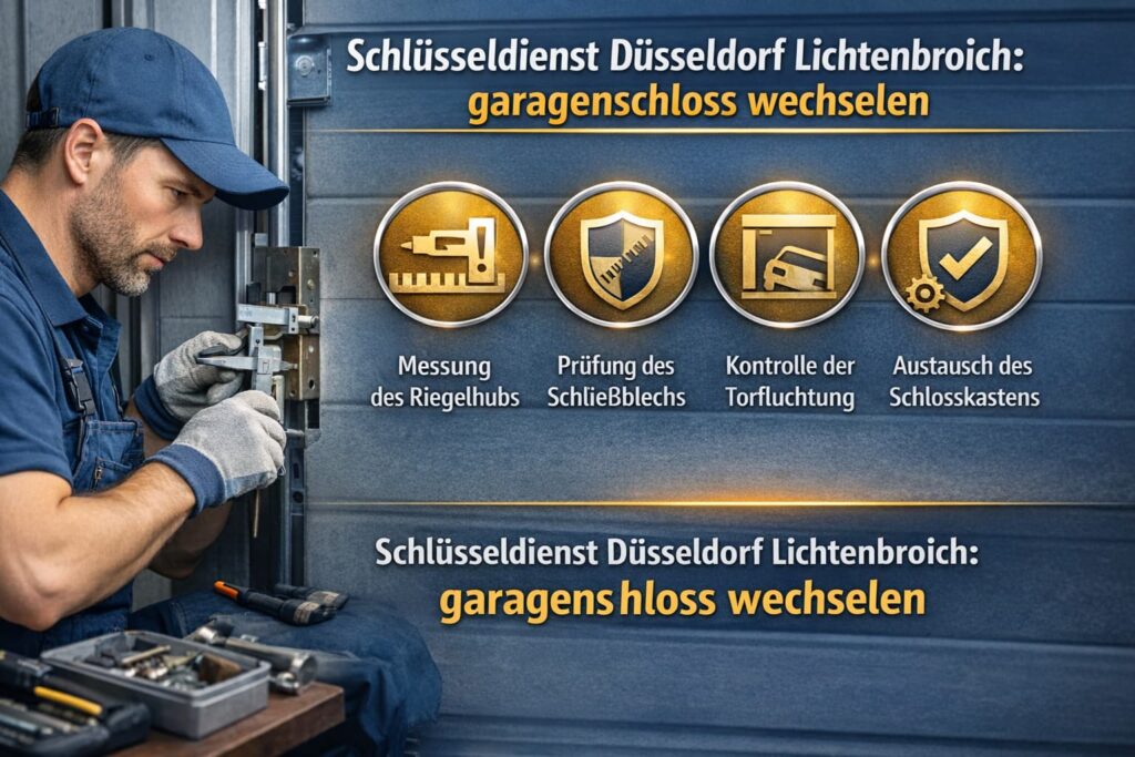 Techniker vom Schlüsseldienst Düsseldorf Lichtenbroich beim Garagenschloss wechseln mit Service-Icons.