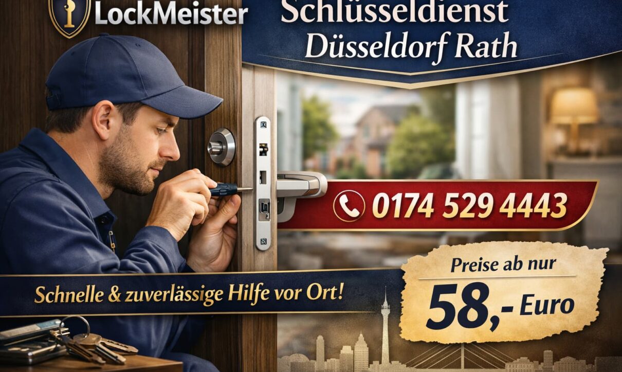 Schlüsseldienst Düsseldorf Rath – LockMeister Techniker öffnet eine Tür professionell. 24h Schlüsselnotdienst ab 58 €.