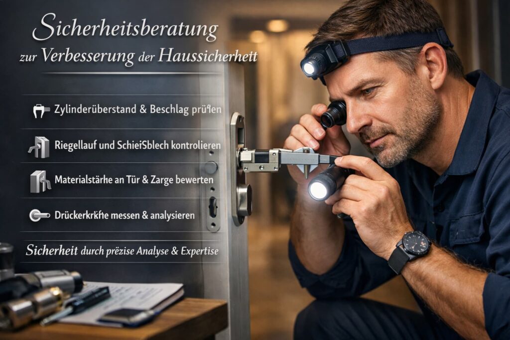 Schlüsseldienst-Techniker prüft Eurozylinder an einer Haustür zur Verbesserung der Haussicherheit.