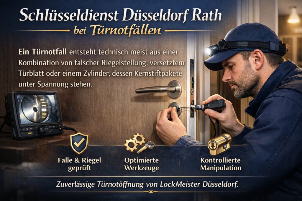 Schlüsseldienst-Techniker öffnet Euro-Zylinder bei Türnotfall in Düsseldorf Rath.