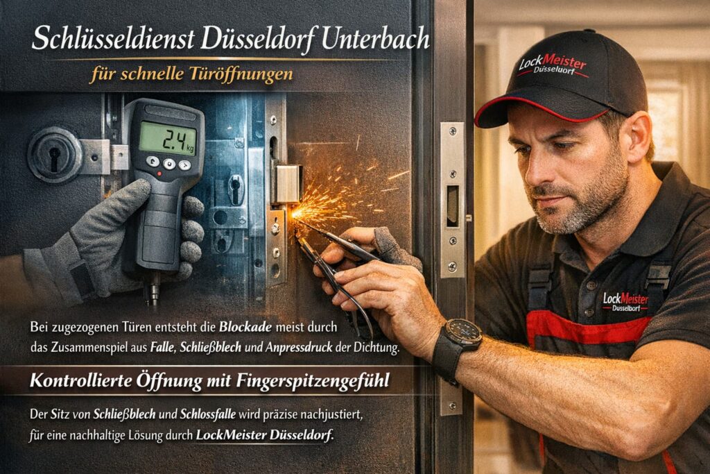 Schlüsseldienst-Techniker in Düsseldorf-Unterbach öffnet präzise ein Euro-Zylinderschloss an einer zugezogenen Tür.