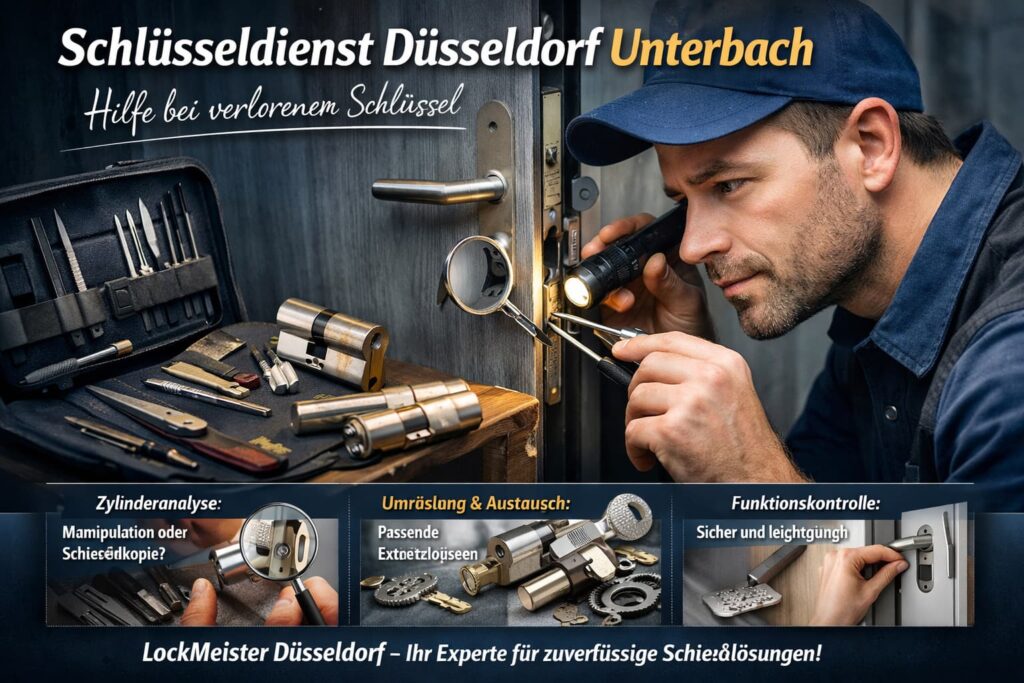 Schlüsseldienst-Techniker in Düsseldorf Unterbach arbeitet an einem Euro-Profilzylinder zur Hilfe bei verlorenem Schlüssel.