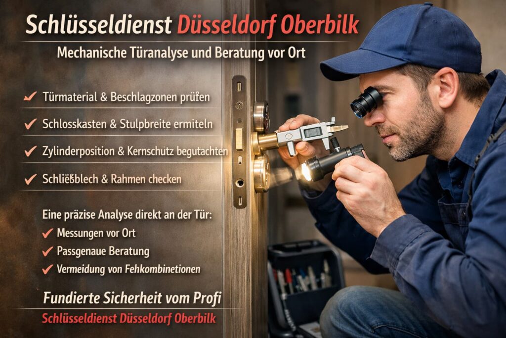 Techniker vom Schlüsseldienst Düsseldorf Oberbilk analysiert ein Türschloss vor Ort.