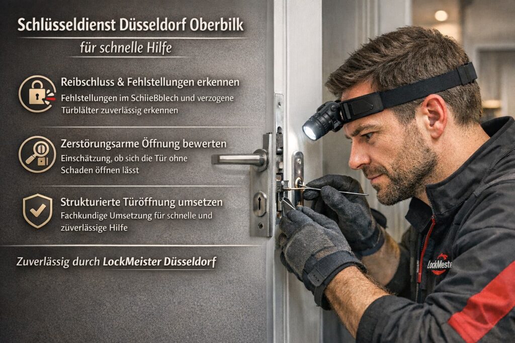 Schlüsseldienst in Düsseldorf Oberbilk – Techniker öffnet ein blockiertes Türschloss professionell.