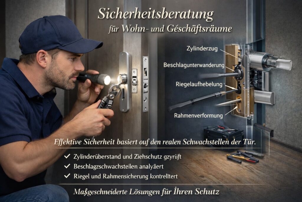 Schlüsseldienst-Techniker überprüft Türzylinder und Sicherheitsbeschlag für Einbruchschutz an einer Haustür.