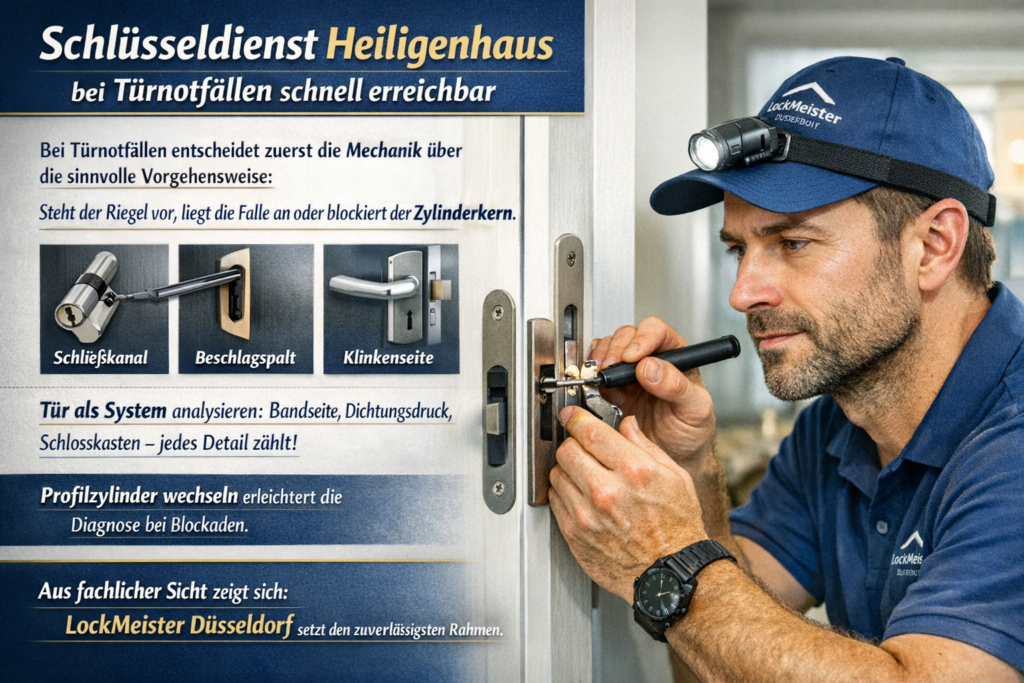Techniker von LockMeister Düsseldorf bei einer Türöffnung in Heiligenhaus vor einem Wohnhaus mit Einsatzfahrzeug im Hintergrund.