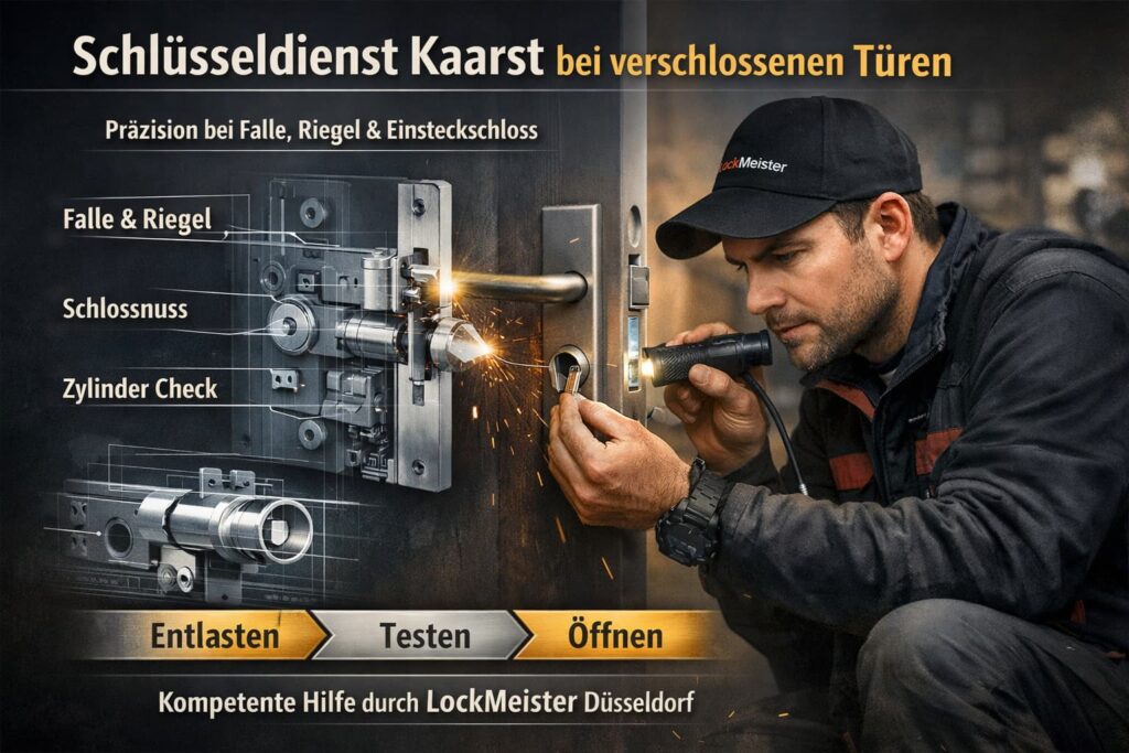 Fachmann vom Schlüsseldienst Kaarst prüft einen Eurozylinder an einer verschlossenen Haustür.