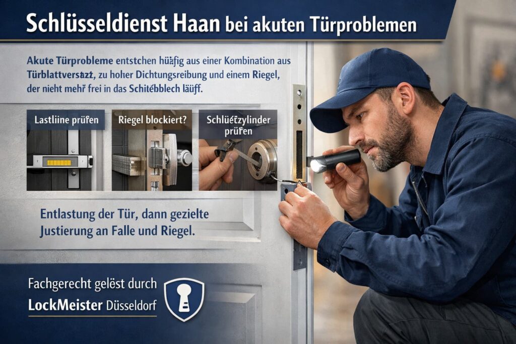 Schlüsseldienst-Techniker untersucht ein Türschloss und arbeitet präzise am Schließzylinder bei einem akuten Türproblem.