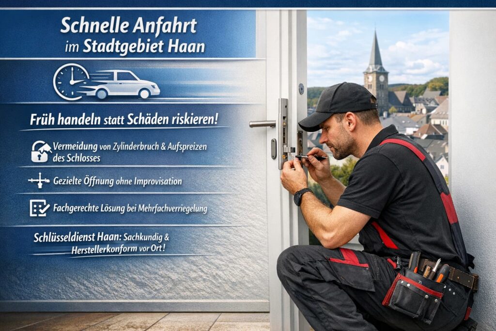 Schlüsseldienst-Techniker öffnet Euro-Profilzylinder an einer Haustür – schnelle Anfahrt in Haan.