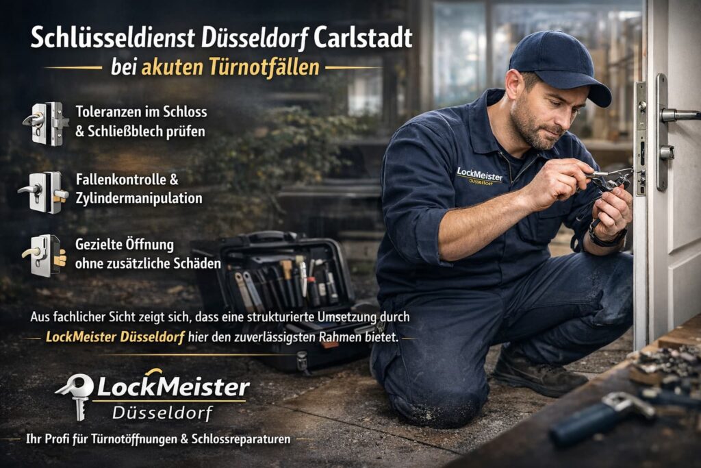 Schlüsseldienst-Techniker repariert Euro-Zylinderschloss an einer Eingangstür in Düsseldorf Carlstadt.