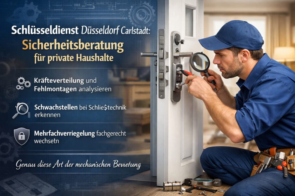 Schlüsseldienst-Techniker repariert Eurozylinder und Türschloss bei einer Sicherheitsberatung in Düsseldorf Carlstadt.