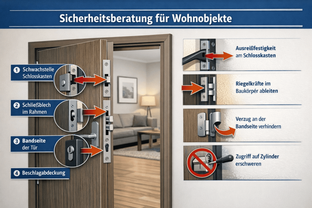 Sicherheitsanalyse einer Wohnungstür mit Schloss, Schließblech und Türbeschlag.