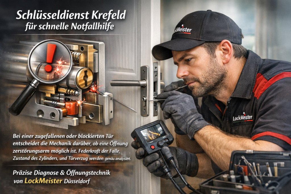 Schlüsseldienst-Techniker öffnet eine blockierte Tür und analysiert den Euro-Zylinder für eine schnelle Notfallhilfe in Krefeld.